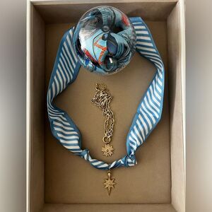 Blue & White Stripe Knotted Scarf Twilly-Like Charm Necklace